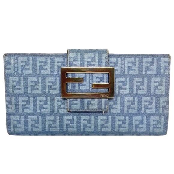 Authentic FENDI Zucca Blue Canvas Folding Snap Long Wallet W/ Gold Tone Hardware - Picture 1 of 9